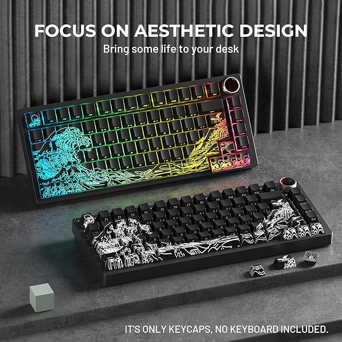 HITIME x XVX Kanagawa Keycaps 60 75 100 Percent - Shine Through Keycaps w/IMD Tech, for Mechanical Keyboards, Full 118 Key Set, OEM Profile, Lines Backlit, Side Printed - Black