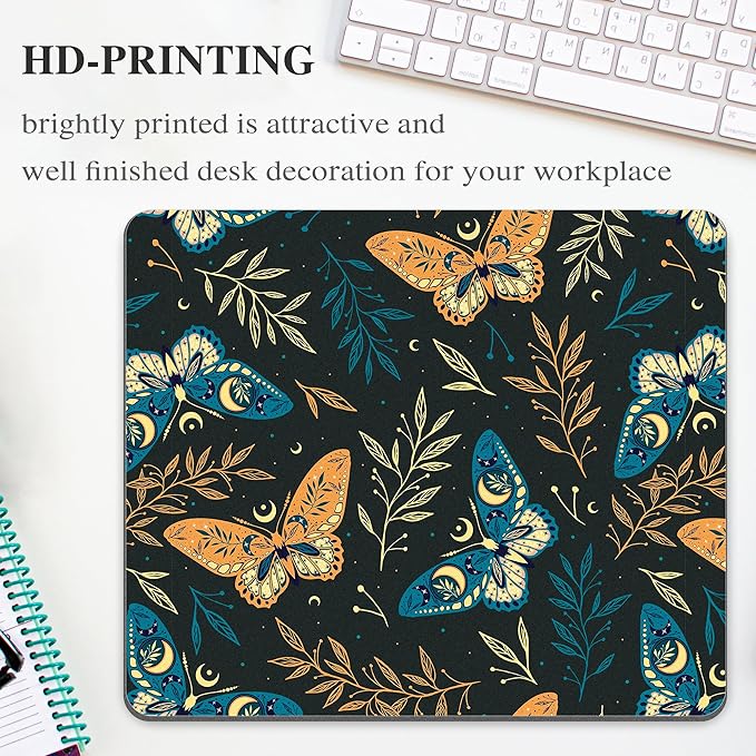 Bohemian Butterfly Mouse Pad Cute, Black Boho Moth Luna Moon Square Computer Mousepads Washable Nature Leaf Floral Mouse Mat Non-Slip Rubber Base for Gaming Office Laptop Wireless Mouse Desk Accessory
