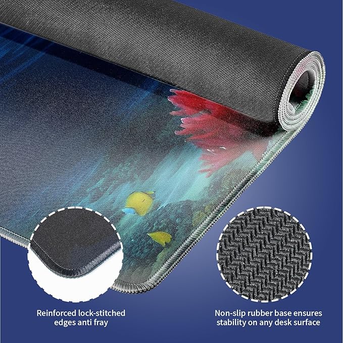 XXL Gaming Mouse Pad with Stitched Edges 31.5 x 11.8 Inches - Sea Turtle Underwater Wonderland Coral Reef and Marine Life, Smooth Surface Anti-Slip Base Large Desk Mat for Mice & Keyboard