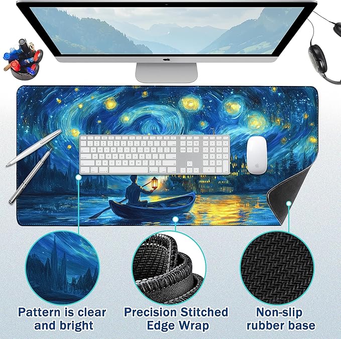 Mouse Pad Gaming - Desk Mat for Keyboard and Mouse - Van Gogh Starry Night Large Mouse Pads for Desk, Desks Pad Mat(35.4" X 15.7") with Non-Slip Base, Gaming Mousepad for Game, Office and Home