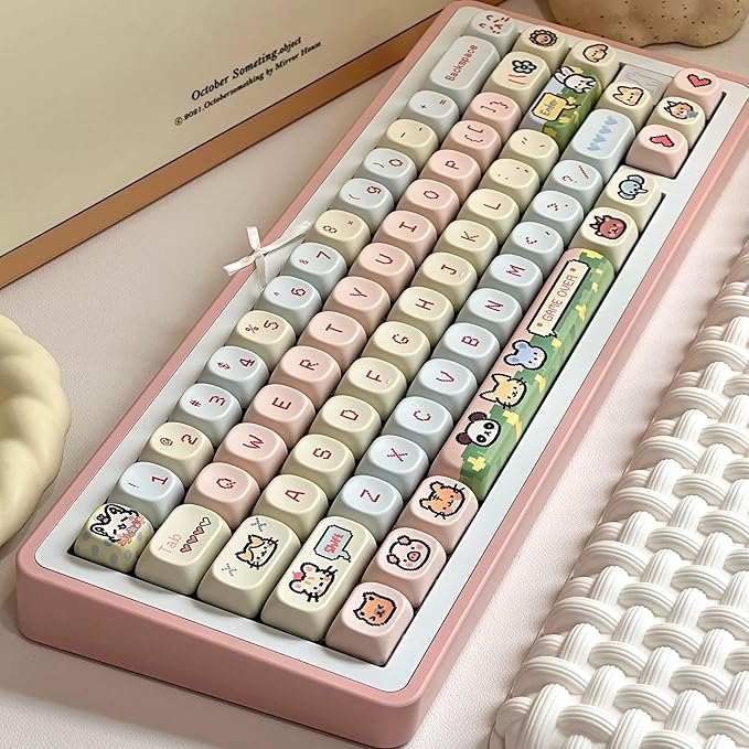 COOMICKE 114 Keys Pink Keycaps - Dye-Sublimation PBT Custom Keycap Set for MOA Profile, Cute Anime Customized Pattern Keycaps for MX Switches Mechanical Gaming Keyboard