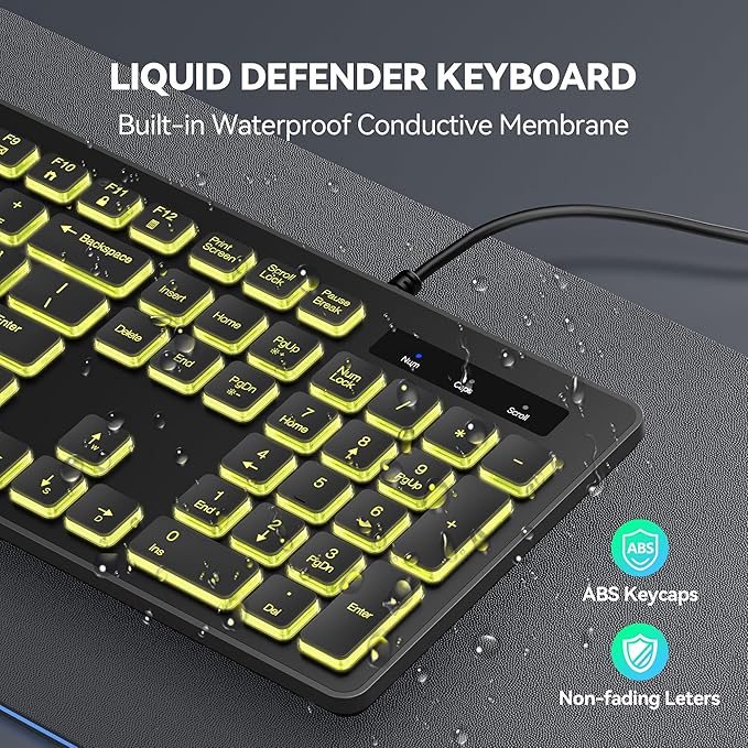 TECKNET Wired Keyboard,Silent USB Keyboard for Office,Spill-Resistant,Slim Full-Size Membrane Layout,Plug and Play for PC/Laptop/Mac-RGB Backlit