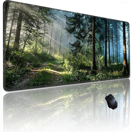 Morning Mist Forest Mouse pad, Micro-Woven Fabric Desk pad,Large Green Tree Natural Scenery Desk mat with Sewn Edges, Anti-Slip Rubber Base, Suitable for Office laptops, Size 31.5×11.8 in