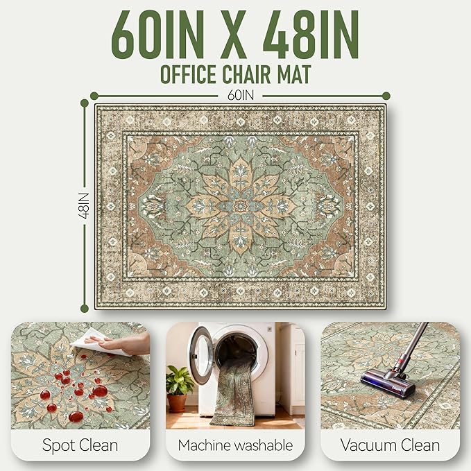 48"x60" Office Chair Mat for Hardwood, Under Desk Chair Mat for Home Office, Anti-Slip Office Rugs for Rolling Chairs, Floor Protector Washable Rugs Olive Green