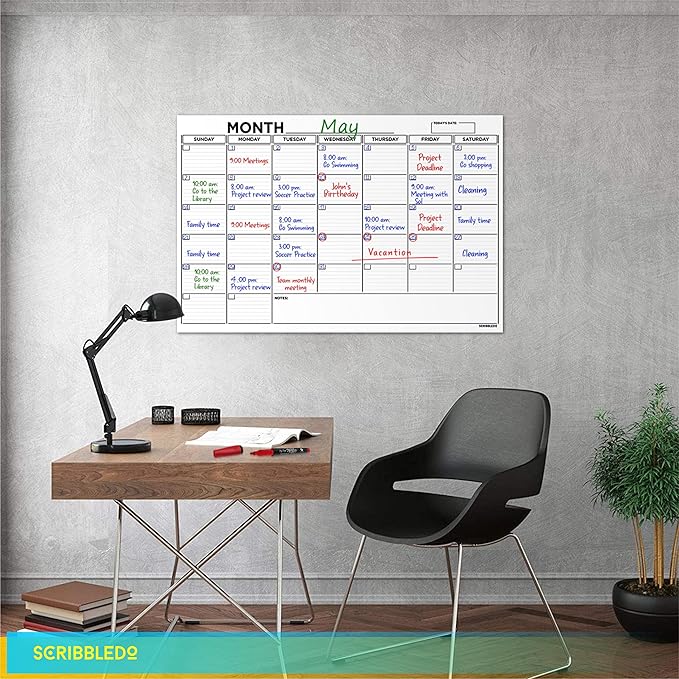Large 24"x36" White Board Calendar Dry Erase for Wall Big Dry Erase Wall Calendar Monthly Large Wall Calendar Dry Erase Board Planner Includes 6 Markers Eraser Push Pins & Mounting Tape