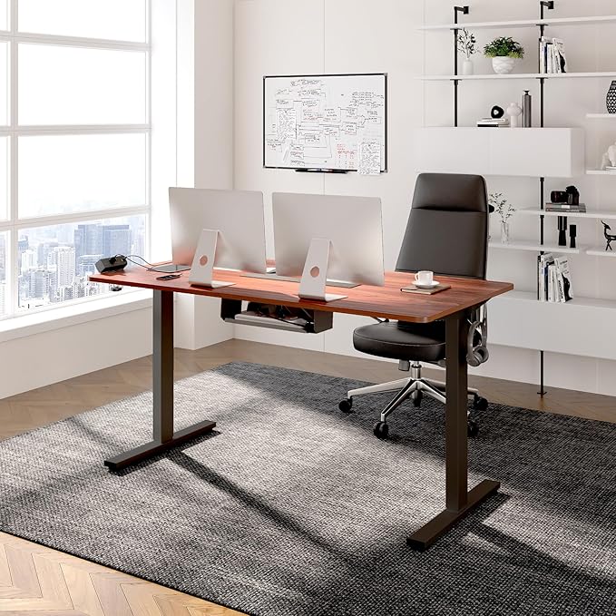 FLEXISPOT EN2 Whole-Piece Standing Desk with Clamp Power Strip, 48 x 30 Electric Stand Up Height Adjustable Desk with Cable Management (Black Frame + 48" MahoganyTop, 2 Packages)
