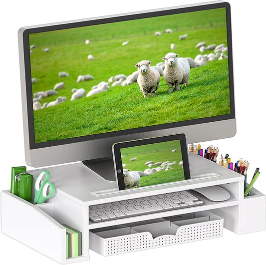 Simple Houseware Desk Monitor Stand Riser with Adjustable Organizer Tray, White