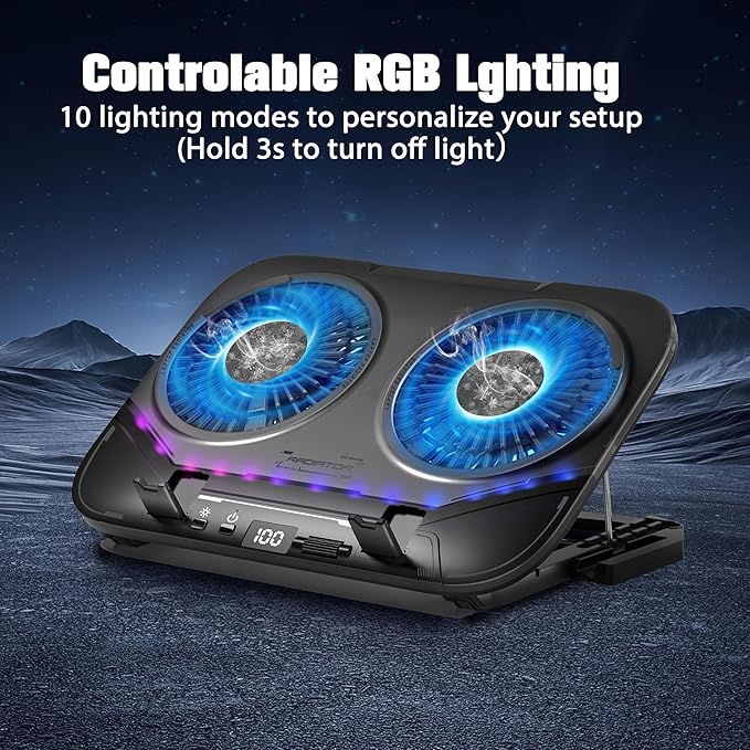 Dual-Core TEC Laptop Cooling Pad with Dual Stepless-Quiet Fans, 5-Height Adjustable Laptop Cooling Stand, 10-Level RGB for 13-17 Inch Laptops, Includes 15W Charger, Smoky Black
