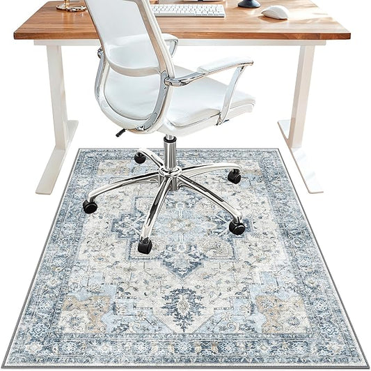 30"x48" Office Chair Mat for Hardwood Tile Floor, Under Desk Carpet Protector for Rolling Computer Chair Mat, Machine Washable Area Rug, Anti-Slip 1/5" Thick Low Pile Thin Vinyl Floor Mat, Blue