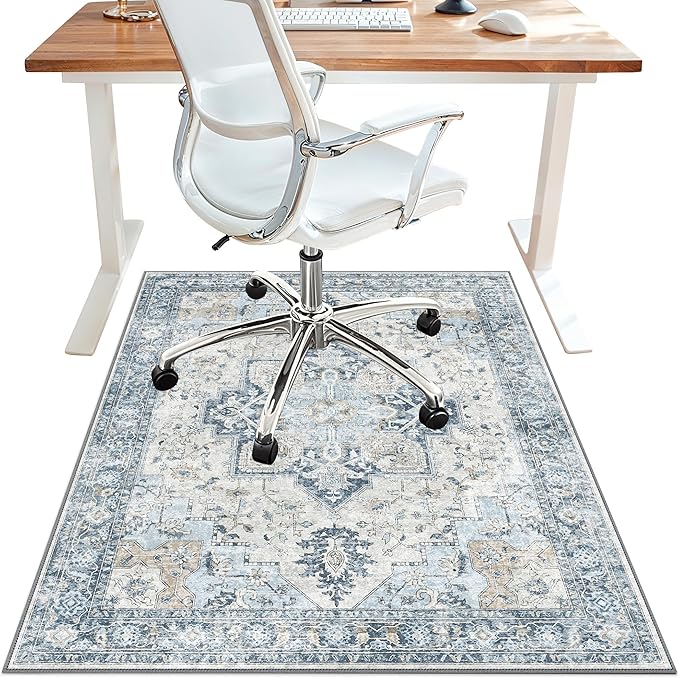 36"x60" Office Chair Mat for Hardwood Tile Floor, Under Desk Carpet Protector for Rolling Computer Chair Mat, Machine Washable Area Rug, Anti-Slip 1/5" Thick Low Pile Thin Vinyl Floor Mat, Blue