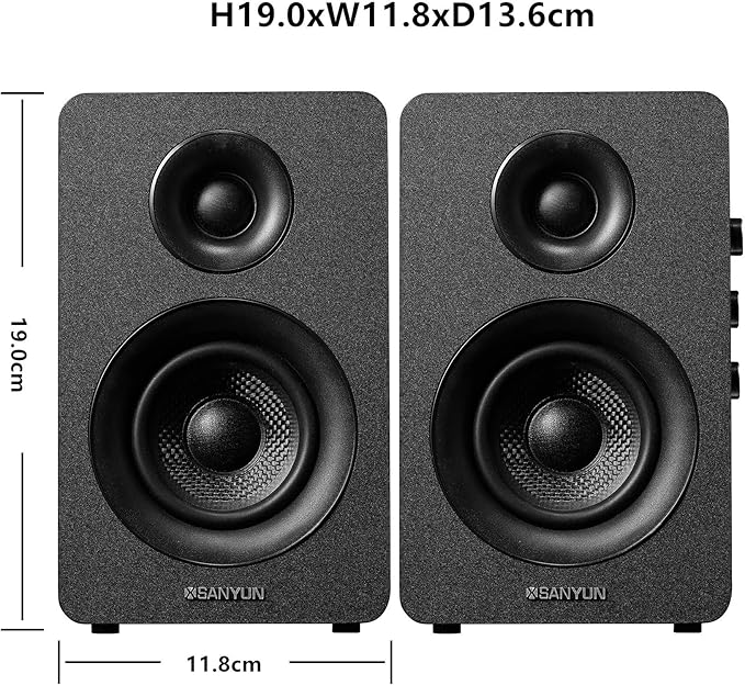 Sanyun SW208 3" Active Bluetooth 5.0 Bookshelf Speakers – 60W Carbon Fiber Speaker Unit - Built-in 24bit DAC - Dynamic 3D Surround Sound – 2.0 Computer PC Monitor Gaming Speakers (Pair, Black)