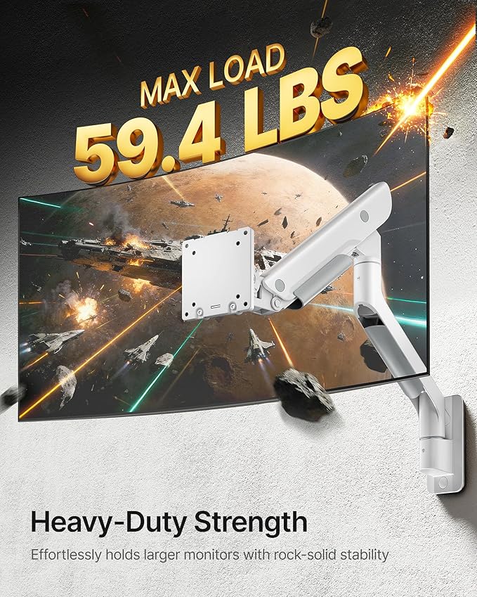 monTEK Heavy-Duty Single Monitor Wall Mount for 17-57” Ultrawide Screens up to 59.4lbs, Premium Aluminum Wall Mount Monitor Arm with Full Motion Adjustment, Pneumatic Lift, Max VESA 100x100