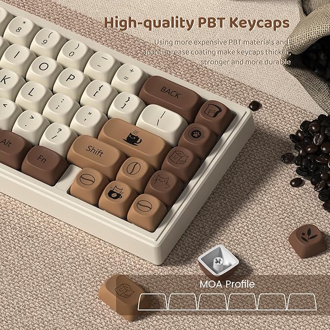 dagaladoo Cute Brown PBT Keycap Set,Coffee cat MOA Profile Keycaps 60 75 100 Percent,Dye-Sub 134-key Custom Keyboard Keycap for 100% 75% 65% 60% TKL US Layout Mechanical Keyboard