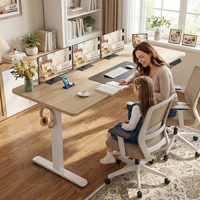 farexon Electric Standing Desk Adjustable Height, 71 x 28 Inch Sit Stand up Desk with Large Mouse Pad, Double Metal Hook,4 Wheels,4 Memory Preset Heights Home Office Computer Desk,Oak Grey