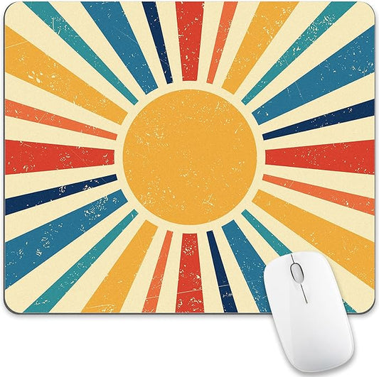 Retro Sun Mouse Pad Desk Mousepad Yellow Blue Rainbow Abstract Boho Vintage Aesthetic Square Computer Cute Washable Small Mat Non-Slip Rubber Gaming Office Laptop Wireless Travel Accessories