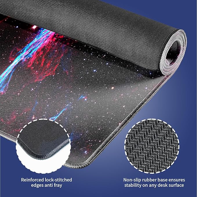 Wknoon. Extra Large Gaming Mouse Pad (31.5" x 11.8") with Durable Stitched Edges – Galaxy Glitter Primordial Nebula Space Cygnus Loop Dynamic Dance of Blue & Red, Anti-Slip Base Extended XXL Desk Mat