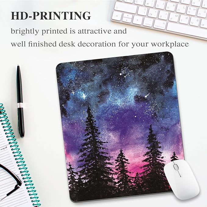 Forest Tree Mouse Pad Cute, Purple Starry Sky Night Vintage Watercolor Mountain Plant Mousepad Vertical Aesthetic Nature Scenery Office Small Desk Pad Non-Slip Mouse Mat Washable Desk Decor Accessory