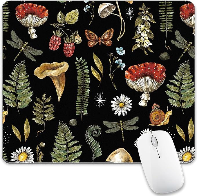 Black Mushroom Mouse Pad Cute, Vintage Cottagecore Aesthetic Flower Square Mousepad Washable Magic Nature Forest Moth Plant Leaf Mouse Mat Non-Slip for Desk Gaming Office Laptop Wireless Mouse