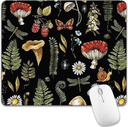 Black Mushroom Mouse Pad Cute, Vintage Cottagecore Aesthetic Flower Square Mousepad Washable Magic Nature Forest Moth Plant Leaf Mouse Mat Non-Slip for Desk Gaming Office Laptop Wireless Mouse