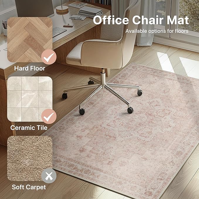 36"x48" Office Chair Mat for Hardwood Tile Floor, Under Desk Carpet Protector for Rolling Computer Chair Mat, Machine Washable Area Rug, Anti-Slip 1/5" Thick Low Pile Thin Vinyl Floor Mat, Light Pink