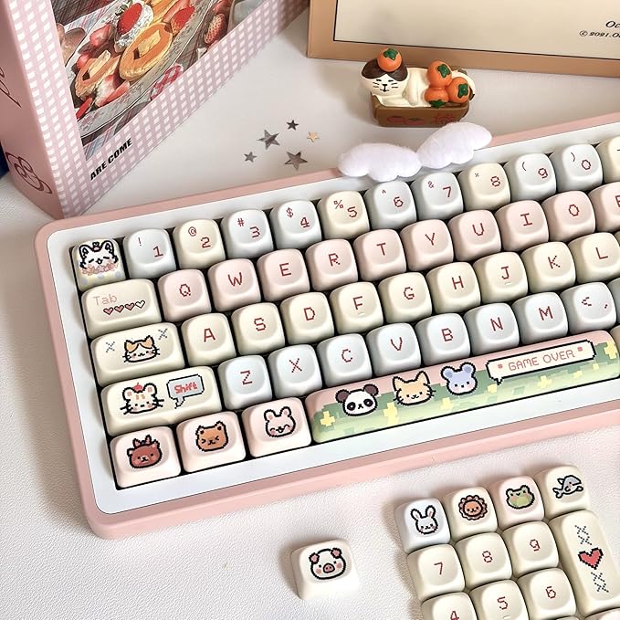 COOMICKE 114 Keys Pink Keycaps - Dye-Sublimation PBT Custom Keycap Set for MOA Profile, Cute Anime Customized Pattern Keycaps for MX Switches Mechanical Gaming Keyboard