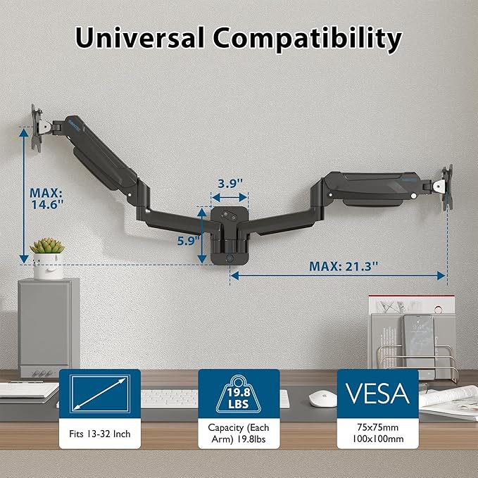 BONTEC Dual Monitor Wall Mount for 13-32 Inch Screens, Height Adjustable Gas Spring Arm with Tilt, Swivel & Rotate, Hold Up to 19.8 lbs, Fully Adjustable, Office & Home Use, VESA 75x75/100x100