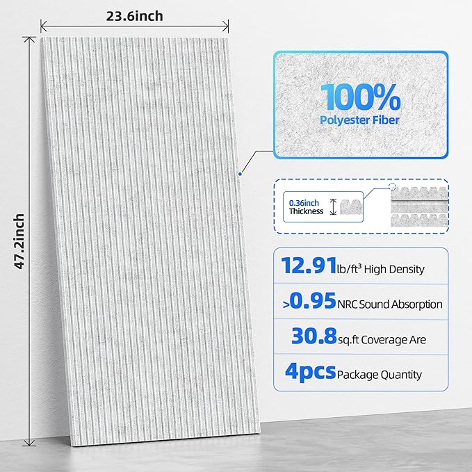 4 Pack Large Acoustic Panels Sound Absorbing with Self-Adhesive, 47.2”*23.6”*0.36” High Density Sound Proof Foam Panels for Walls, 3D Vertical Soundproof Wall Panels for Home Studio Office Decor-Gray