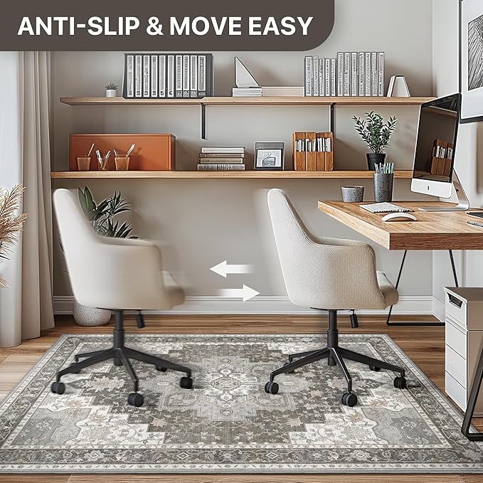 48"x72" Office Chair Mat for Hardwood Tile Floor, Under Desk Carpet Protector for Rolling Computer Chair Mat, Machine Washable Area Rug, Anti-Slip 1/5" Thick Low Pile Thin Vinyl Floor Mat, Tawny Grey