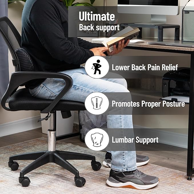 Mind Reader Lumbar Support Pillow with Air-Cloud Technology, Memory Foam Cushion for Back, Waist & Hip Pain Relief, Breathable Cover, Black