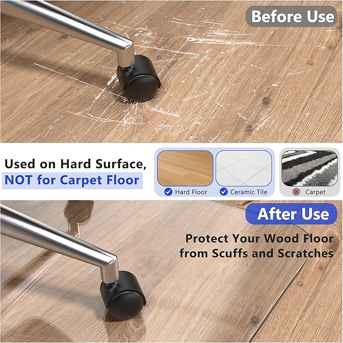 2 Pack Office Chair Mat for Hardwood Floors, 60"x48" Desk Chair Mat for Rolling Chair on Hard Floor, Heavy Duty Floor Protector for Home or Office, Easy Clean and Glide Without Curing