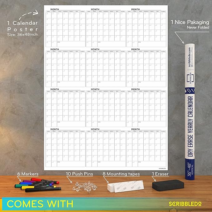 Large White Board Calendar 36"x48" Dry Erase Calendar for Wall Big Dry Erase Wall Calendar Yearly Monthly Wall Calendar Dry Erase Board Planner Includes 6 Markers Eraser Push Pins & Mounting Tape