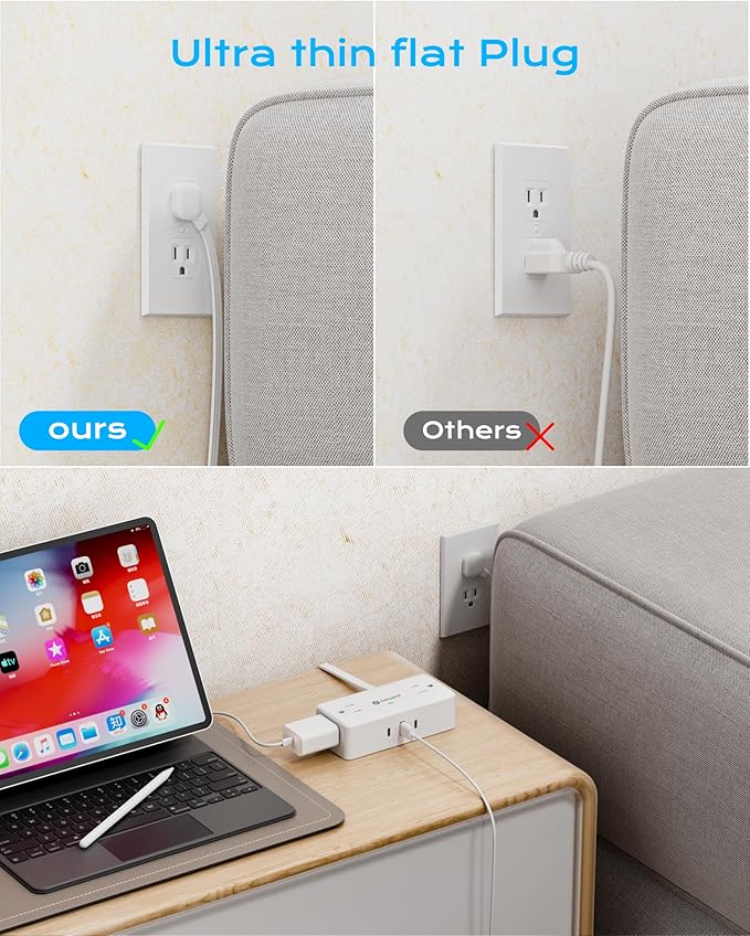 Surge Protector Power Strip, 10 ft Flat Extension Cord with 4 Outlets 3 USB Ports (2 USB C), Flat Plug Power Strip with 900 Joules Protection, Suitable for Home Office Dorm Room, White