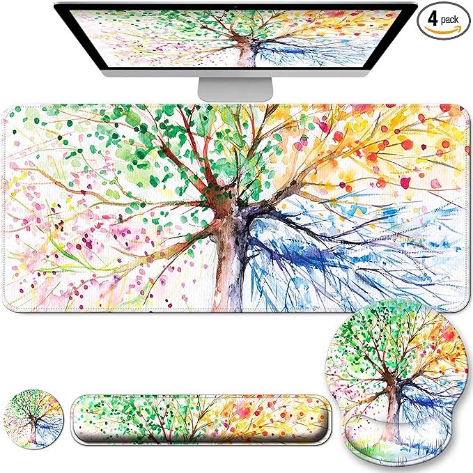 Desk Mat Set + Keyboard and Mouse Pad with Wrist Rest Support,4-in-1 Large Mousepad Computer Mats for Desktop Home & Office-Watercolor Tree