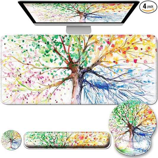 Desk Mat Set + Keyboard and Mouse Pad with Wrist Rest Support,4-in-1 Large Mousepad Computer Mats for Desktop Home & Office-Watercolor Tree