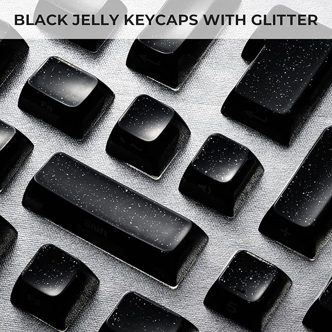 XVX Keycaps, Black Jelly Keyboard Keycaps with Glitter, Starry Key caps OEM Profile, Side Printed Keycap Set Compatible with 61/64/66/68/84/87/96/98/100/108 ANSI Layout MX Switches Mechanical Keyboard