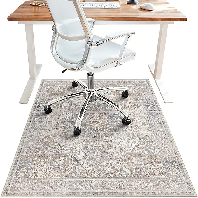 36"x48" Office Chair Mat for Hardwood Tile Floor, Under Desk Carpet Protector for Rolling Computer Chair Mat, Machine Washable Area Rug, Anti-Slip 1/5" Thick Low Pile Thin Vinyl Floor Mat, Khaki Blue