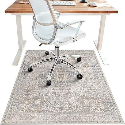 36"x48" Office Chair Mat for Hardwood Tile Floor, Under Desk Carpet Protector for Rolling Computer Chair Mat, Machine Washable Area Rug, Anti-Slip 1/5" Thick Low Pile Thin Vinyl Floor Mat, Khaki Blue