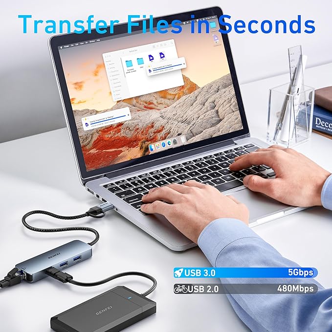 BENFEI USB-C to Gigabit Ethernet Adapter with 3-Port USB 3.0 Hub, RJ45 Network Adapter Compatible with MacBook Pro/Air, iPad Pro, iMac, Galaxy S23, XPS 17, Surface Book 3