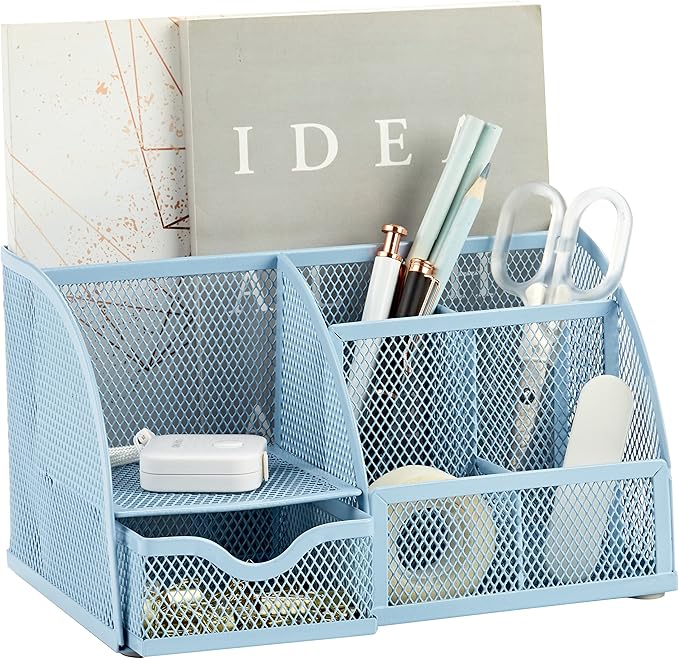 Annova Mesh Desk Organizer Office with 7 Compartments + Drawer/Desk Tidy Candy/Pen Holder/Multifunctional Organizer (New Blue23)