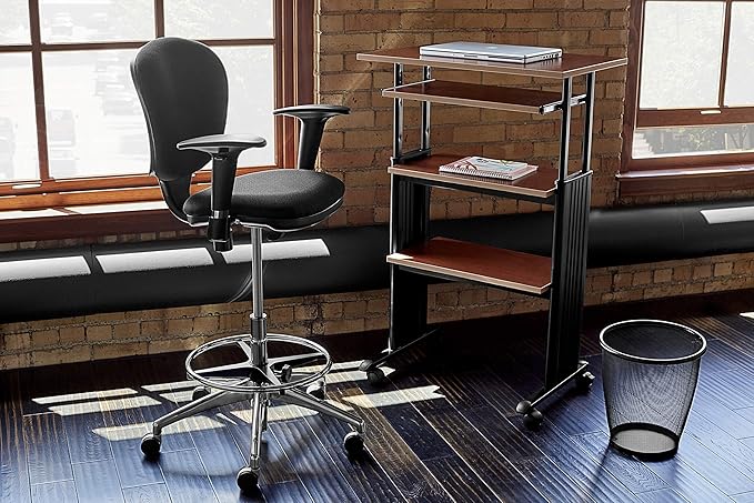 Safco 1929CY MUV Mobile Stand-Up Height-Adjustable Desk,Keyboard Storage, Steel Frame Construction, Durable Melamine Laminate Work Surface, 4 Wheels, Narrow Design