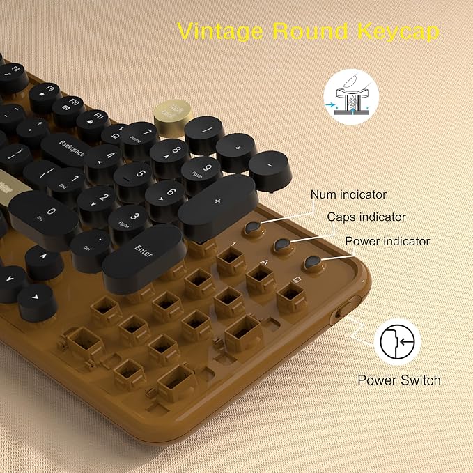 Wireless Keyboard and Mouse Combos, Retro Keyboard and Mouse Wireless Full Size, 2.4Ghz Connection and Optical Mouse for Windows, Mac, PC, Laptop for Home and Office (Coffee-Black)