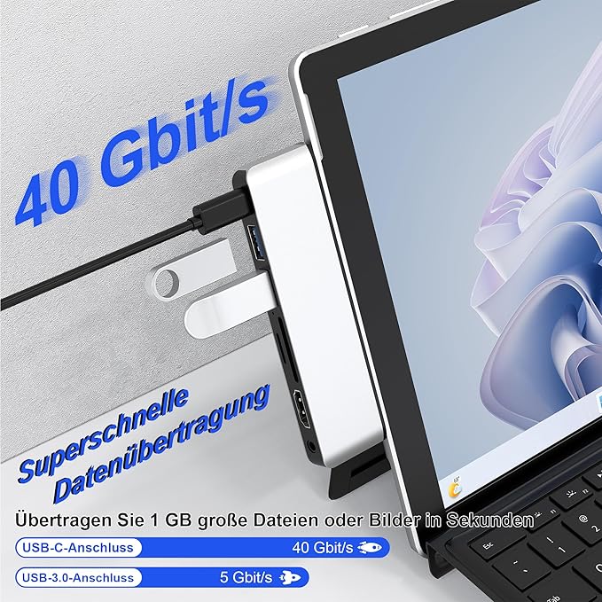 Surface Pro 11/10/9 Docking Station Adapter - 7-in-1 Surface Pro 11 Hub Accessories for Dual Monitor, with 4K HDMI, USB C Thunderbolt 4 (8K/40Gbps/100W PD), 2 USB 3.0, SD/TF Card Reader & 3.5mm Jack