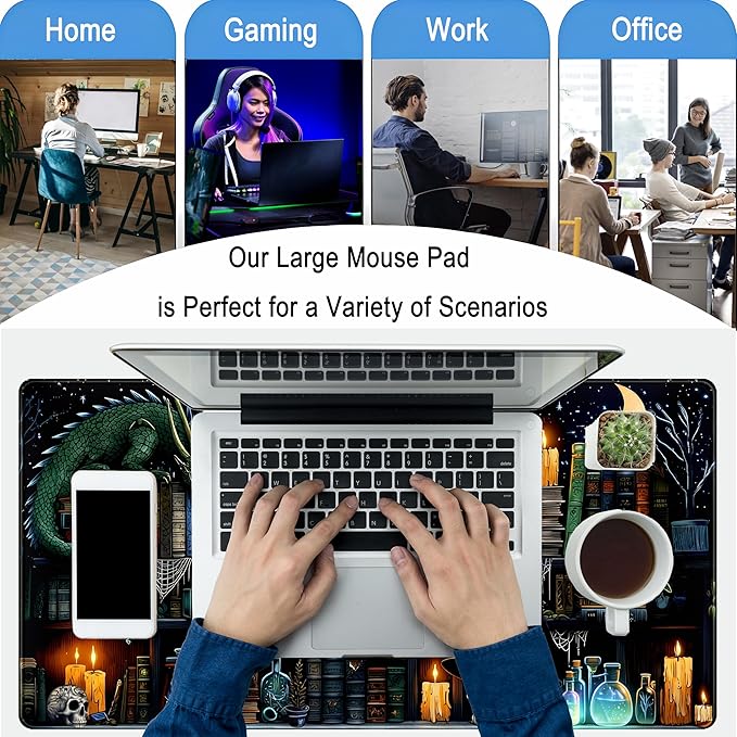 Black Desk Mat Gaming Desk Pad Large Mouse Pad, Mysterious Library Mouse Mat XXL Laptop Keyboard Pad, Vintage Gamer Mouse Pad Full Desk Mousepads Cool Office Desk Accessories 31.5"x15.7"
