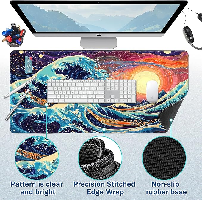 Mouse Pad Gaming - Desk Mat for Keyboard and Mouse - Japanese Sea Wave Large Mouse Pads for Desk, Desks Pad(35.4" X 15.7") with Non-Slip Base, Kanagawa Gaming Mousepad for Game, Office and Home
