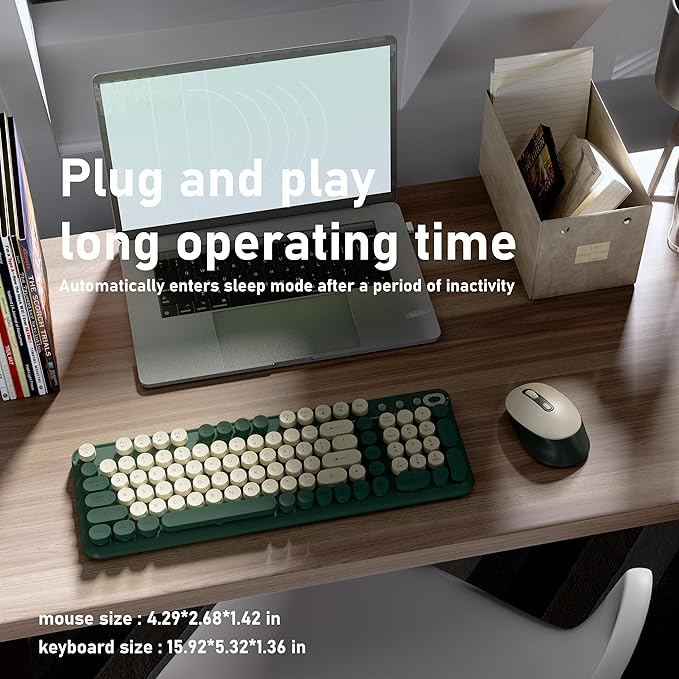 Wireless Keyboard and Mouse Combo, Full-Size 2.4G Set with Number Pad, Long Battery Life, Plug Play for Office and Student Use (Milk Dark-Green)
