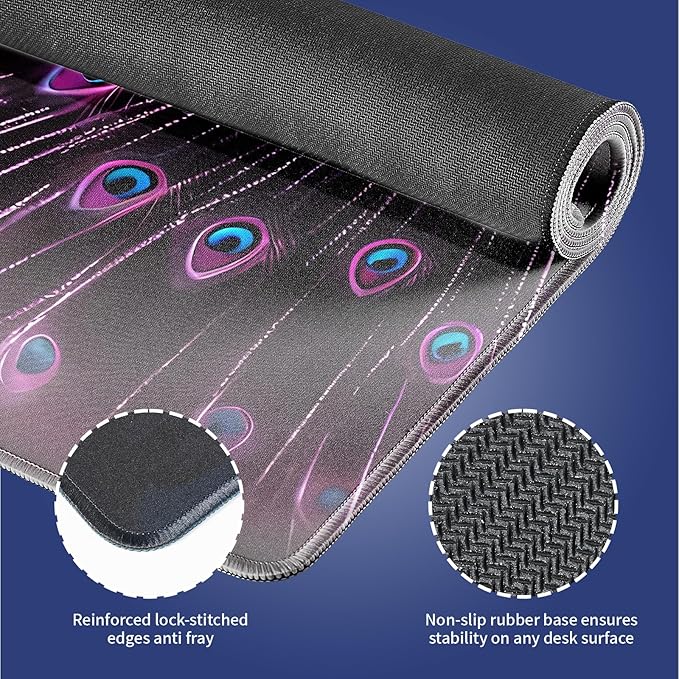 XXL Gaming Mouse Pad with Stitched Edges 31.5 x 11.8 Inches - Gorgeous Purple Black Peacock, Smooth Cloth Surface Natural Anti-Slip Rubber Base Large Desk Mat for PC Office/Home