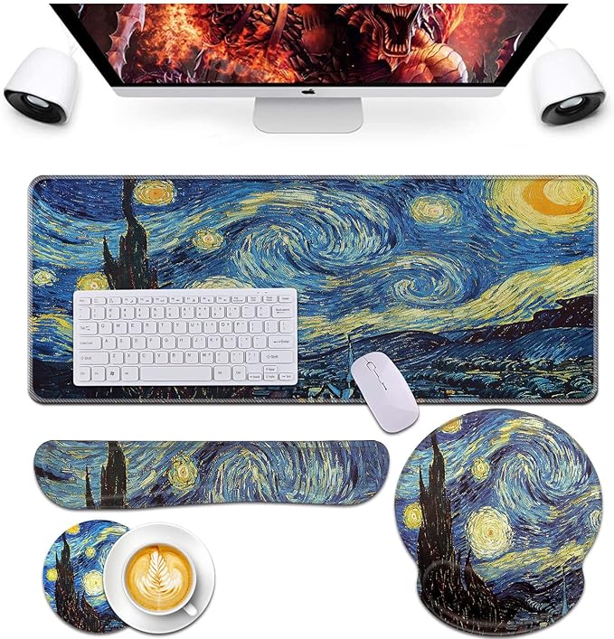 Keyboard Wrist Rest and Mouse Pad Wrist Support Set,Ergonomic Memory Foam Wrist Pad & Non Slip Base for Home Office Working Studying Easy Typing,Pain Relief,Starry Night