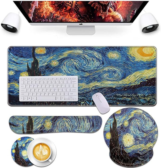 Keyboard Wrist Rest and Mouse Pad Wrist Support Set,Ergonomic Memory Foam Wrist Pad & Non Slip Base for Home Office Working Studying Easy Typing,Pain Relief,Starry Night
