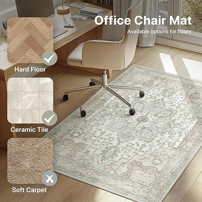 48"x60" Office Chair Mat for Hardwood Tile Floor, Under Desk Carpet Protector for Rolling Computer Chair Mat, Machine Washable Area Rug, Anti-Slip 1/5" Thick Low Pile Thin Vinyl Floor Mat, Mint