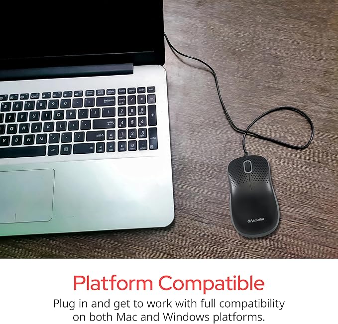 Verbatim USB Silent Corded Optical Mouse - Computer Wired Noiseless and Silent Click Mouse for Mac and PC - Black